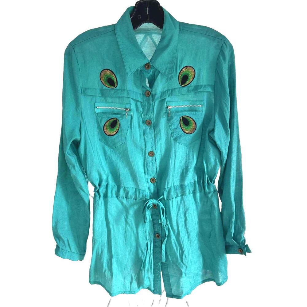 Turquoise Long Sleeve Button-Up Shirt with Peacock Eye Embroidery -L